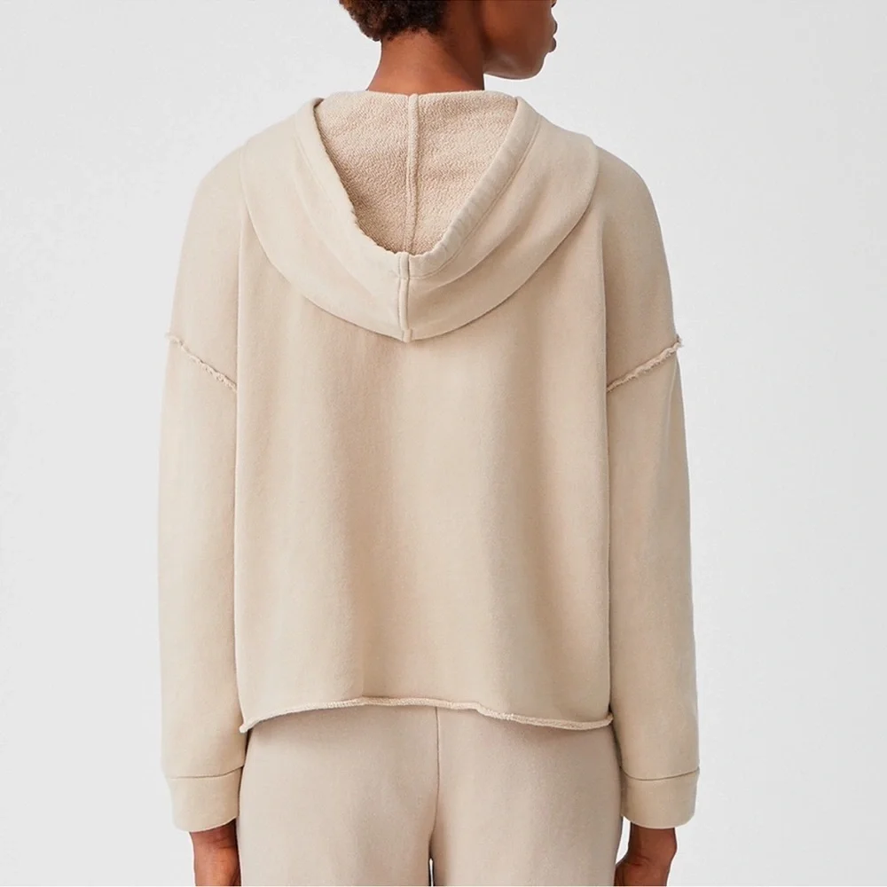 Eileen Fisher Organic Cotton Cropped Khaki Tan Raw Hem Lounge Hoodie Sweatshirt